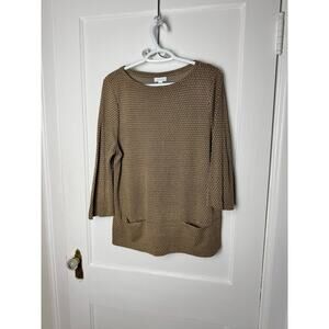 J. Jill Top Women's Medium Brown Geometric Ponte Tunic 3/4 Sleeves Pocket Shirt